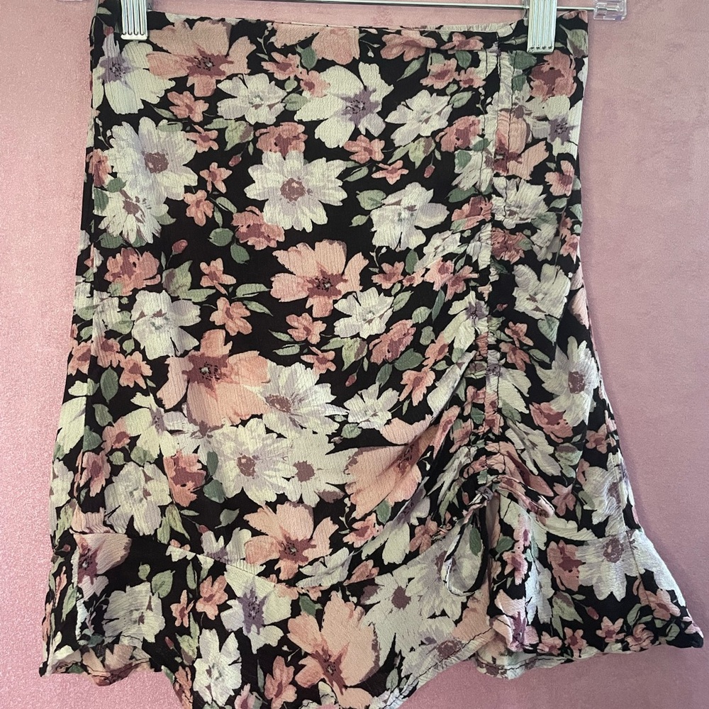Rewind Asymmetrical Skirt in Black and Pink Floral